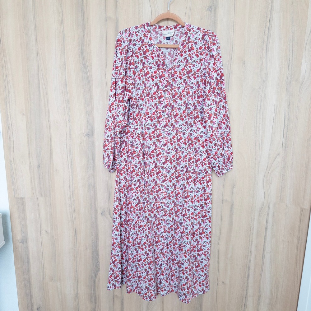 Womens Floral Maxi Dress L Red Button Front Long Sleeve Boho Prairie Cottage